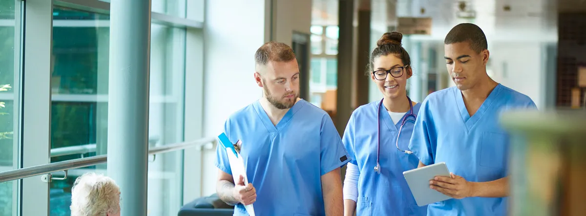 Nurses interacting in a hospital.