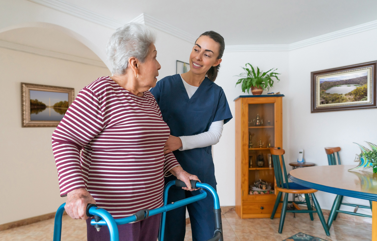 A nurse caring for an older adult patient.