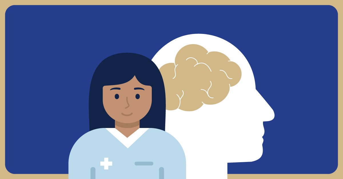 A Smiling Nurse Standing in Front of an Image of a brain.